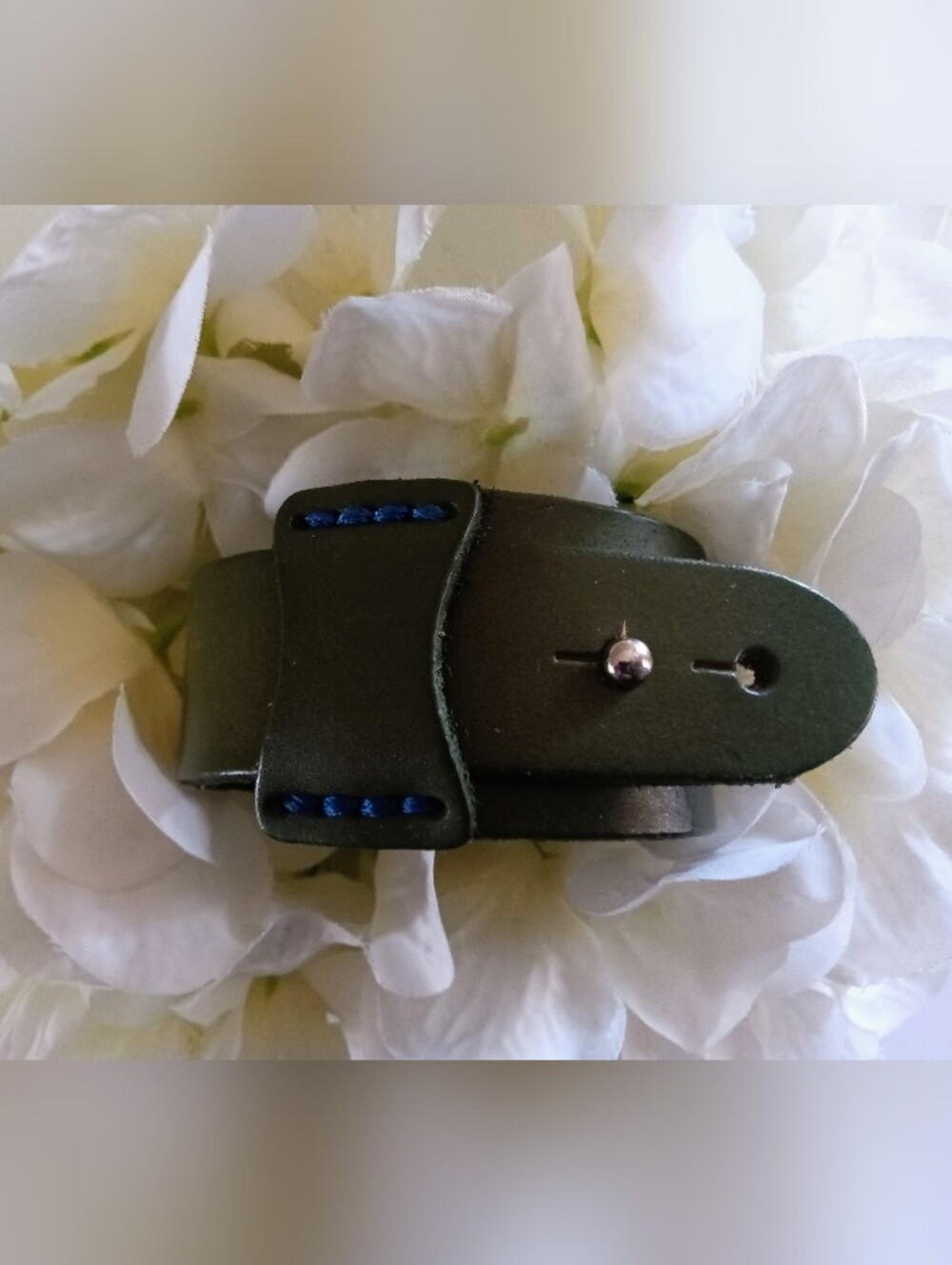 Unisex Forest Green Leather Cuff Bracelet Blue Stitching Metallic Stud Closure - Picture 2 of 7